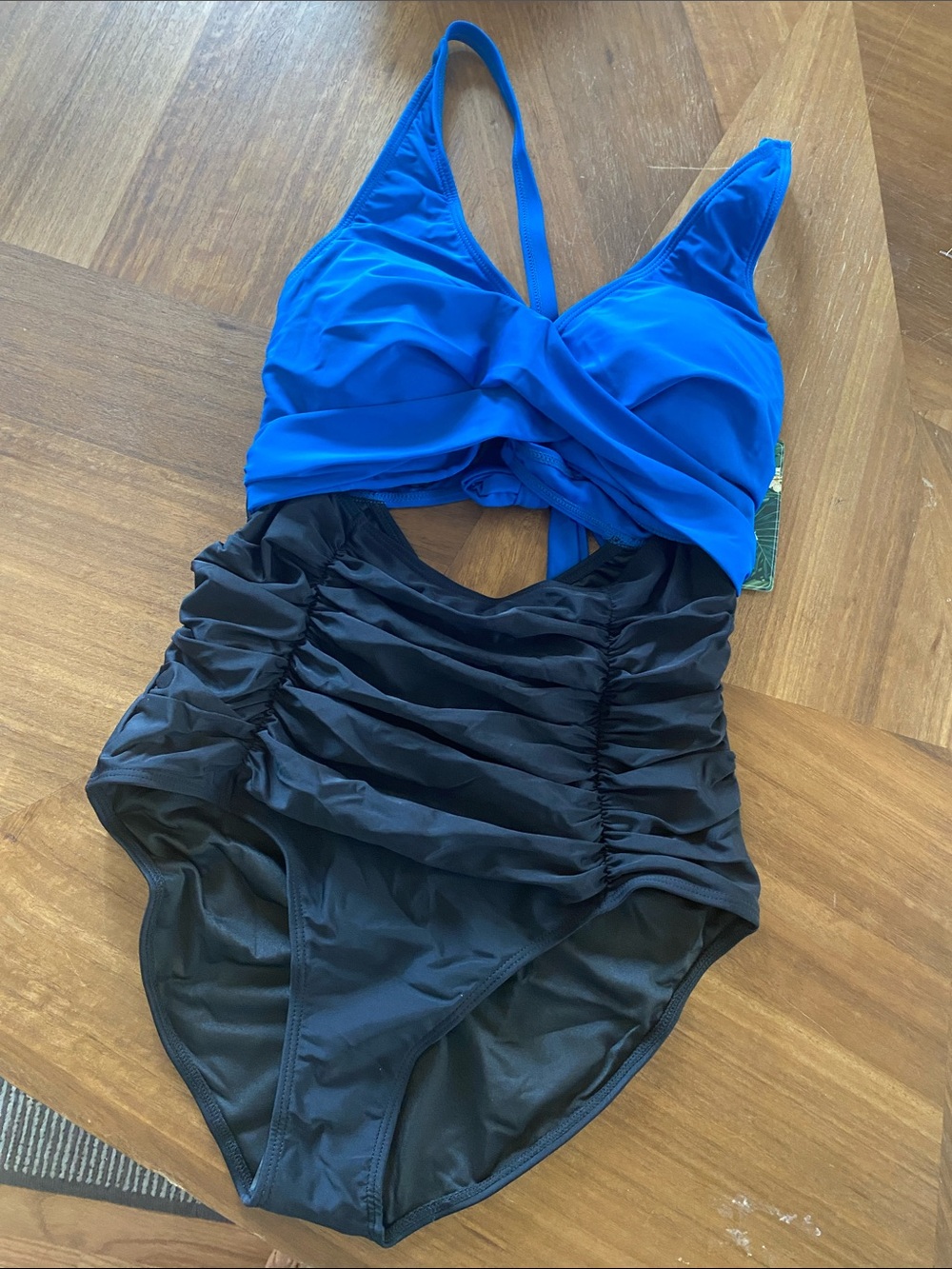 Blooming jellyBlue and Black One-Piece Swimsuit with Twist Front and Ruched
